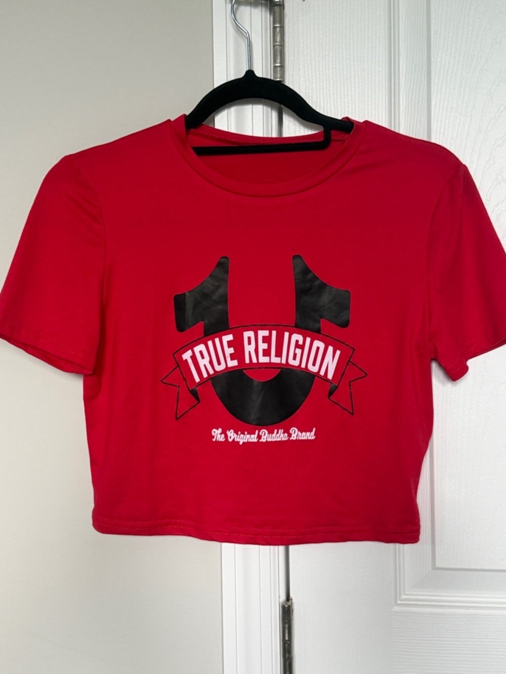 True Religion Y2K Graphic Crop Top Red Horseshoe Logo Baby Tee Women’s Medium - Picture 7 of 9